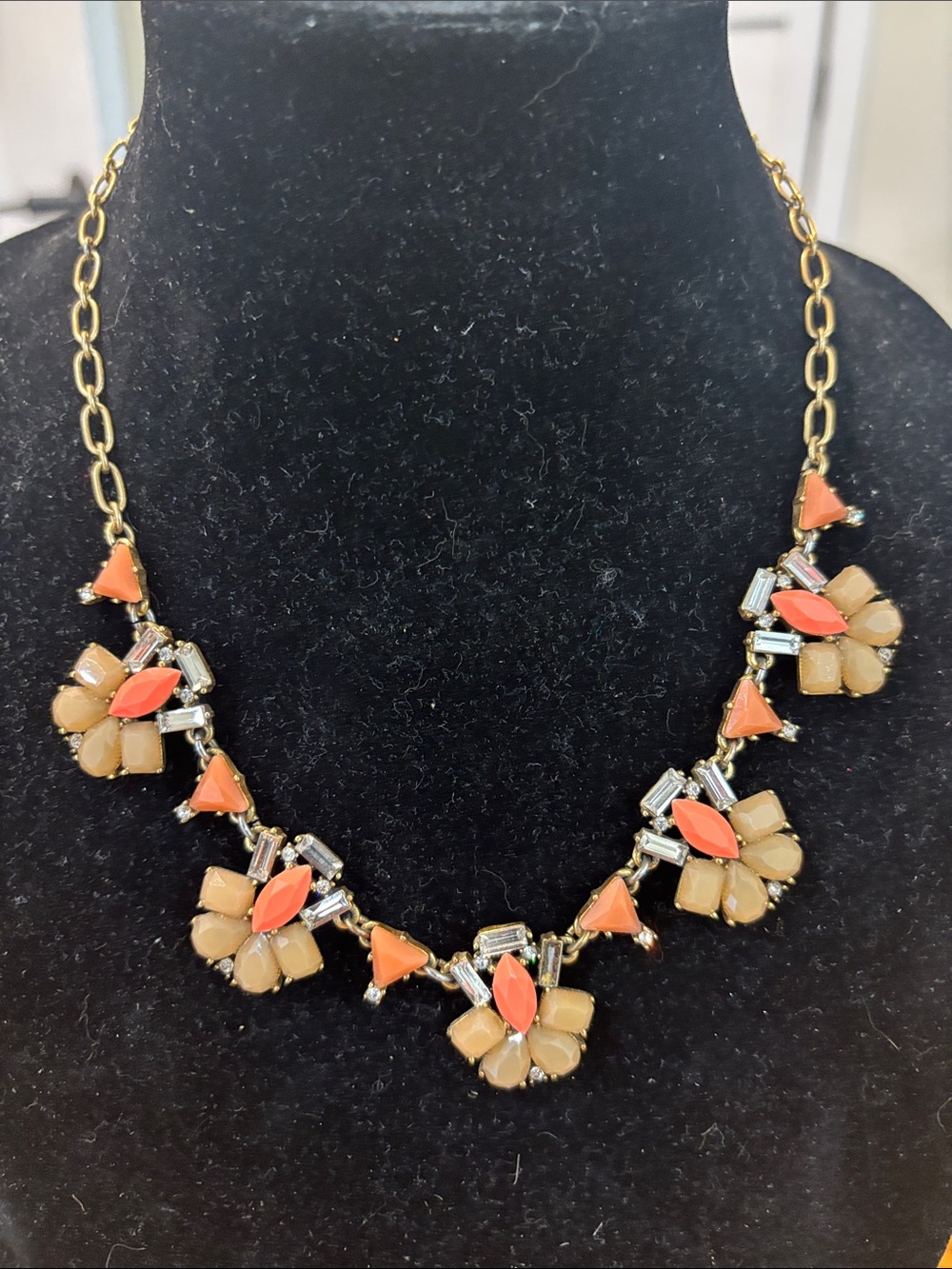 J Crew Gold Floral Statement Necklace with Coral and Beige Stones